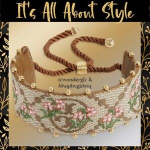 NWT Authentic Tory Burch T-Monogram Logo & Floral Embroidery Slider Bracelet